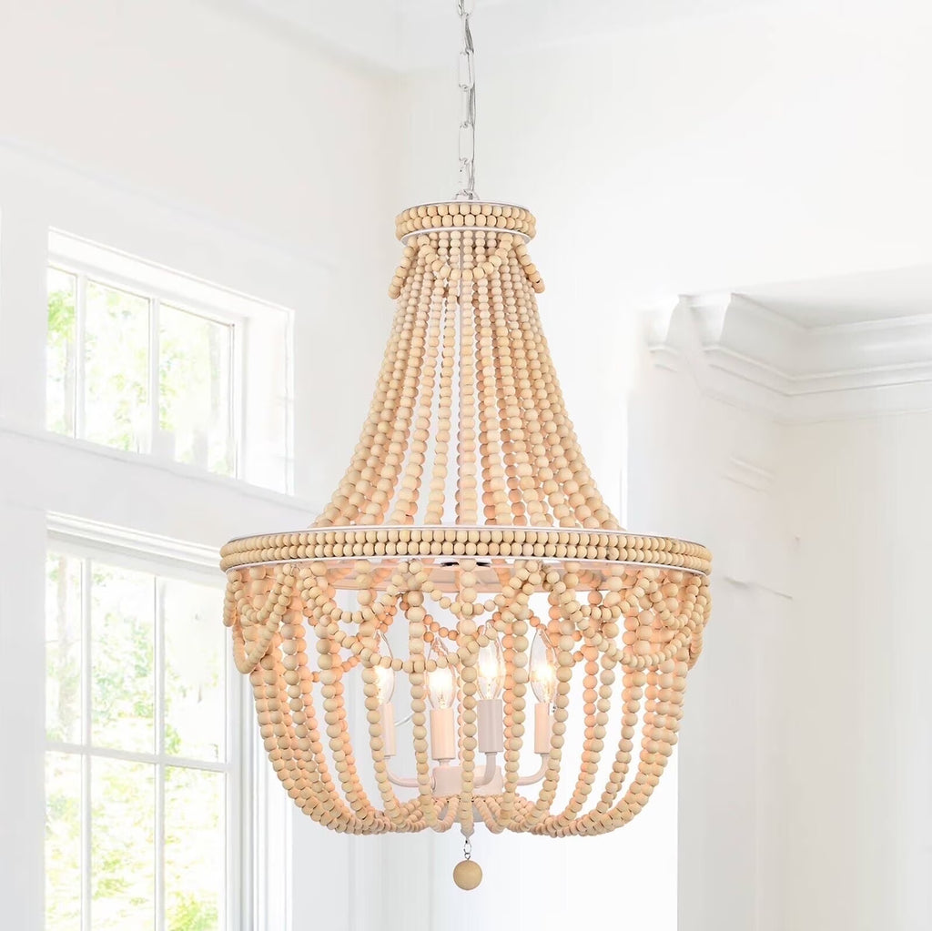 Boho Wood Bead Chandelier 4-Light Rustic Farmhouse Pendant Light for Dining Room or Kitchen Island
