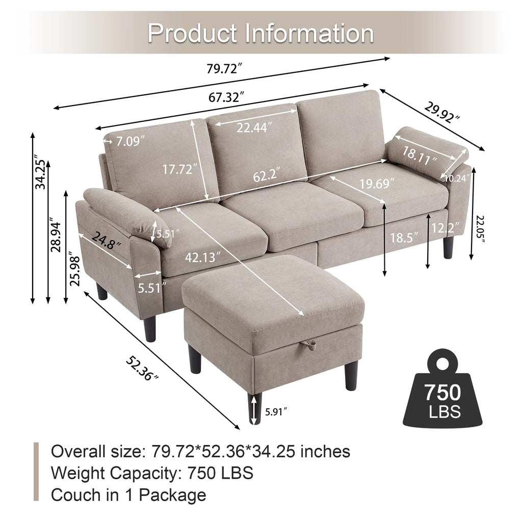 Pingliang Home Sectional Sofa Couch with Storage Ottoman,Modern 3 Seat L Shaped Sofa Couch for Living Room Apartment Studio Office