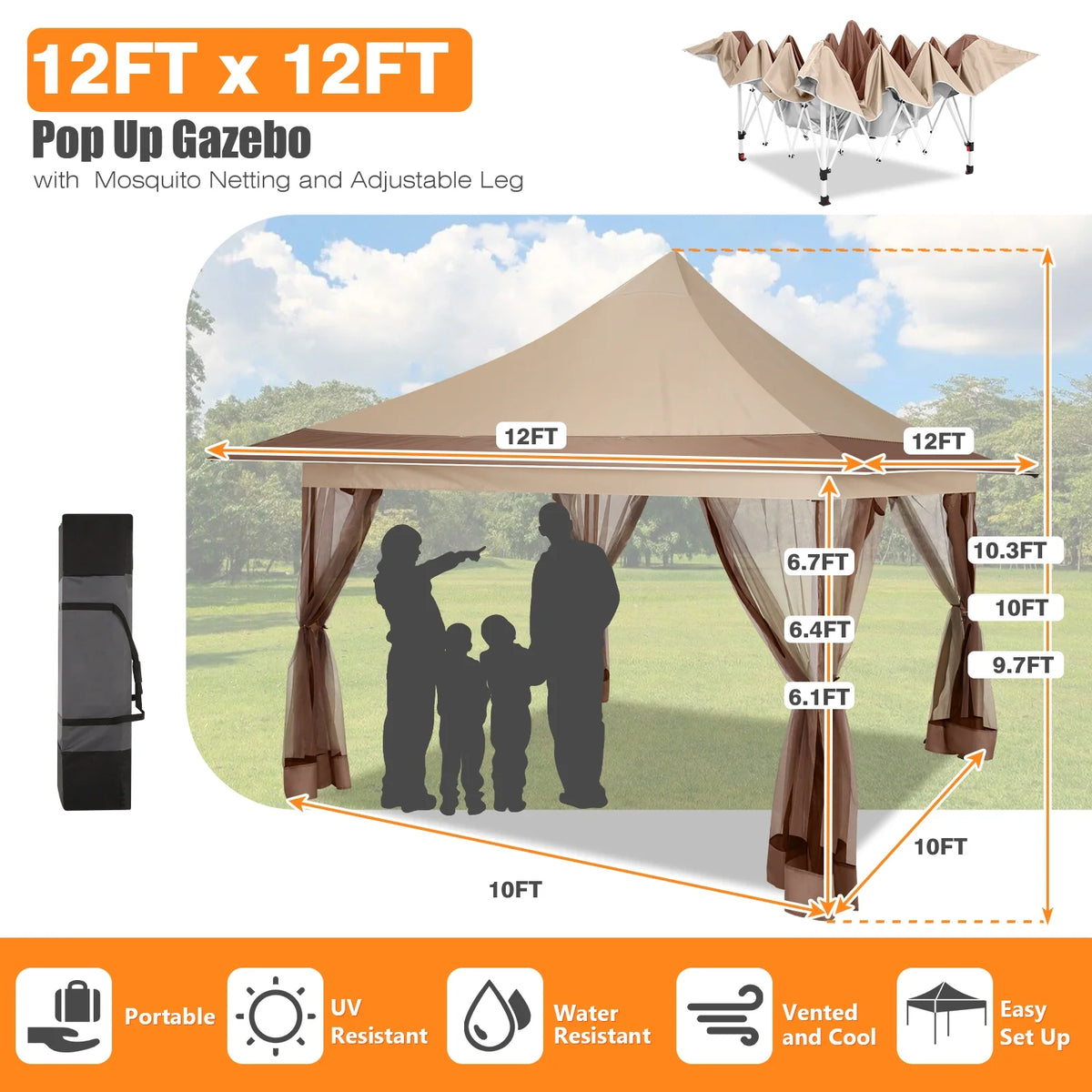 HOTEEL 12x12 EZ Pop Up Gazebo Tent with Sidewalls,Patio Gazebo Instant Shelter for Outdoor Party Camping Backyard Beach with Carry Bag,Stakes,Ropes,Gray