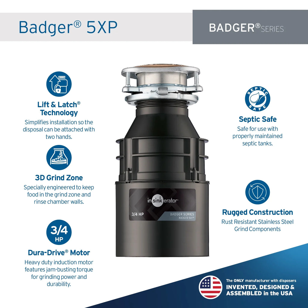 InSinkErator Badger 5XP, 3/4 HP Continuous Feed Kitchen Garbage Disposal, Badger Series