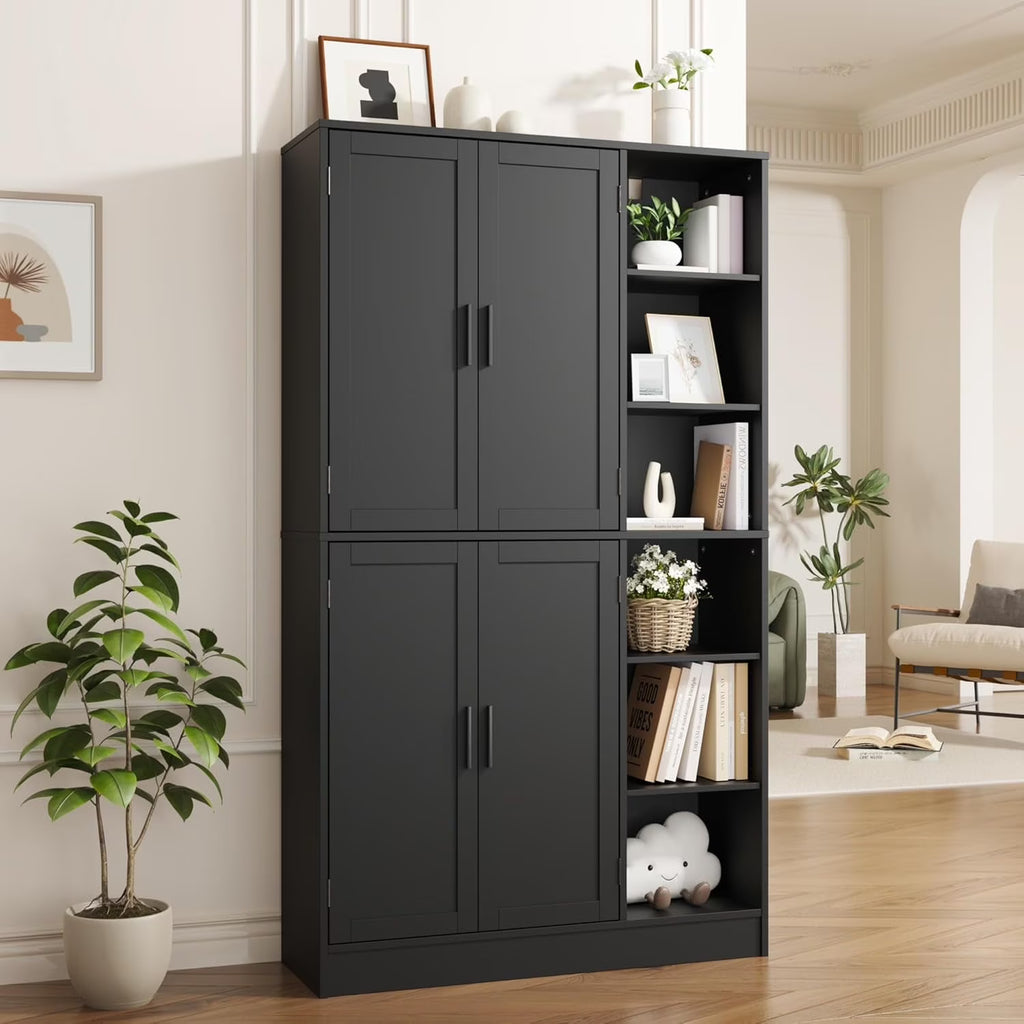 63" Tall Kitchen Pantry, Kitchen Pantry Cabinet with 4 Doors and Adjustable Shelves, Storage Cabinet for Dining Room, Laundry Room, Oak
