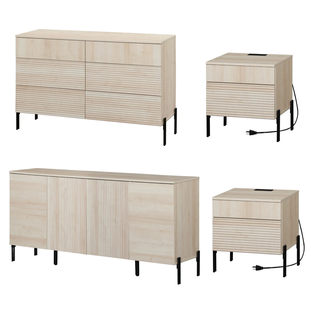 4 Pcs Bedroom Set,6 Drawer Dresser And Nightstand Sets For Bedroom,Night Stand Set Of 2, Modern Accent Cabinet With Hidden Handles, Reed Pattern & Double Chopsticks Legs