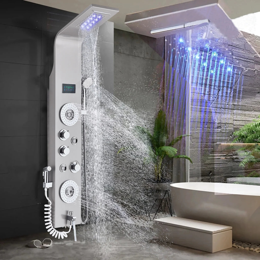 Shower Panel Tower System LED Rain&Waterfall Massage Jet Sprayer Stainless Steel