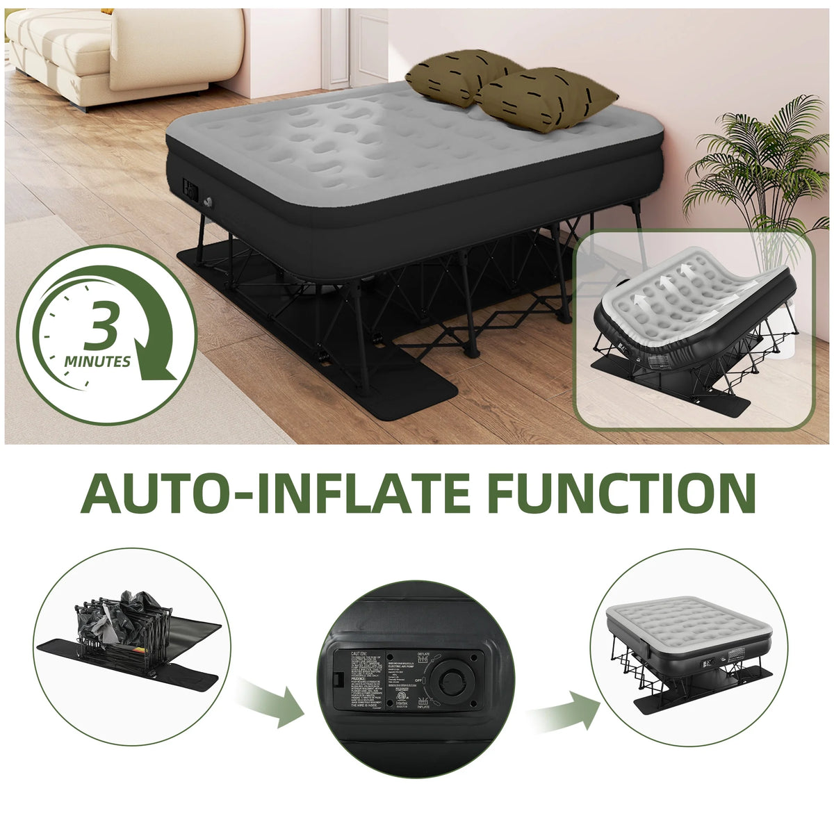 Uforic Inflatable Queen Air Mattress with Built-in Pump, Frame, Velvet Surface & Portable Storage Case, Khaki
