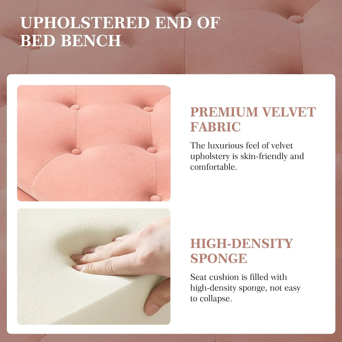 14 Karat Home Velvet Storage Ottoman Bench Gold Leg Upholstered Nailhead Trim Button Tufted Footstool Entryway Bedroom Living Room Pink