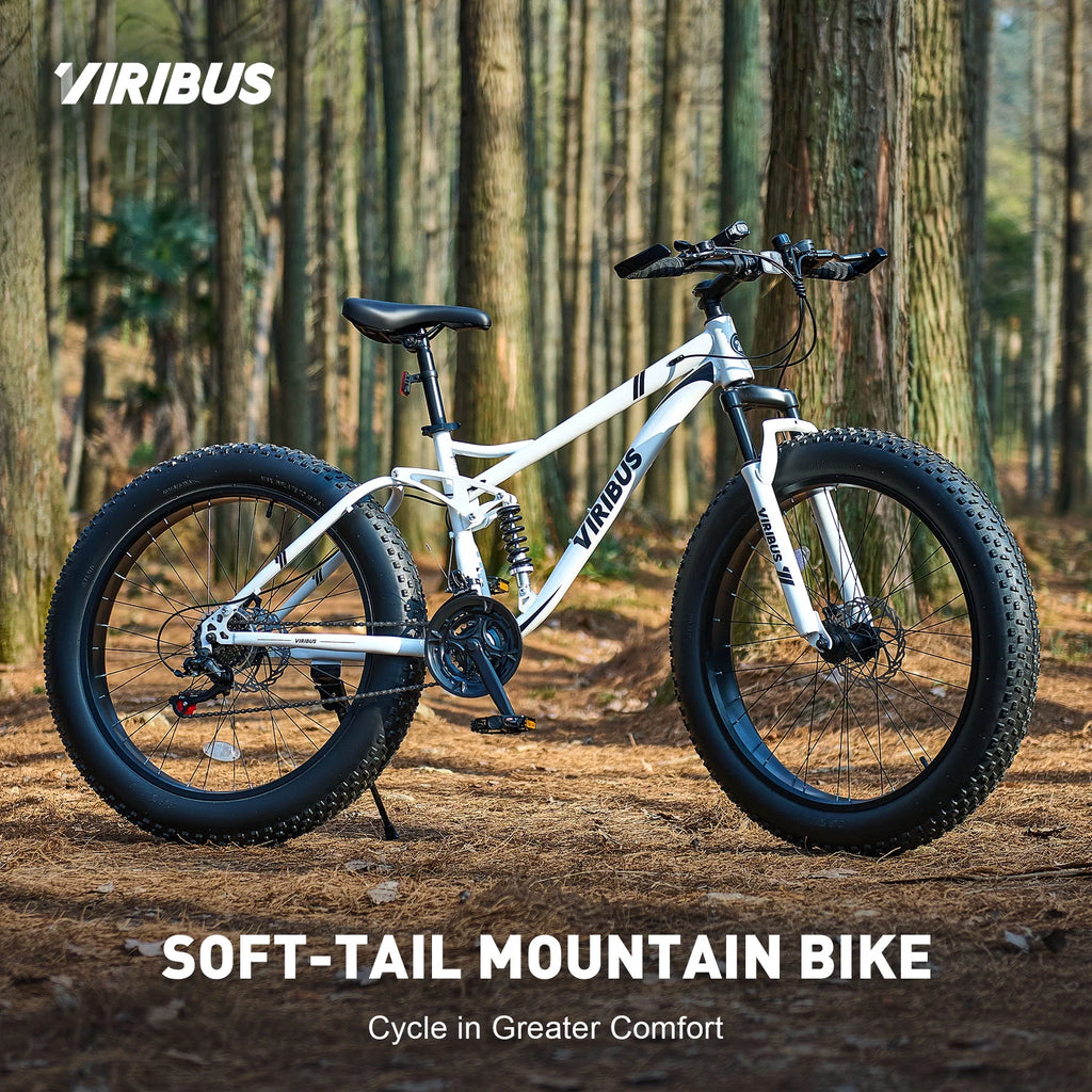 VIRIBUS 26" Fat Tire Mountain Bike Full Suspension Bike with 21 Speeds Disc Brakes White