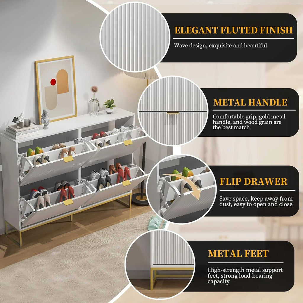 Oubayajia Modern Shoe Storage Cabinet, Wood Shoe Rack Organizer with 2 Flip Drawers, Freestanding Narrow Shoe Cabinet for Entryway Hallway, Natural