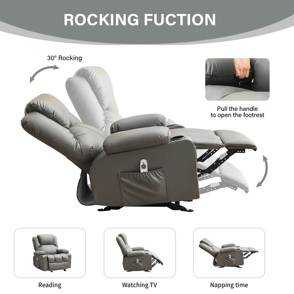 JONPONY Manual Recliner Chair with Heat Therapy and Massage Function, Heavy Duty Reclining Mechanism Massage Chair, Elderly Single Rocker Sofa with Cup Holders for Bedroom Home Theater,Black