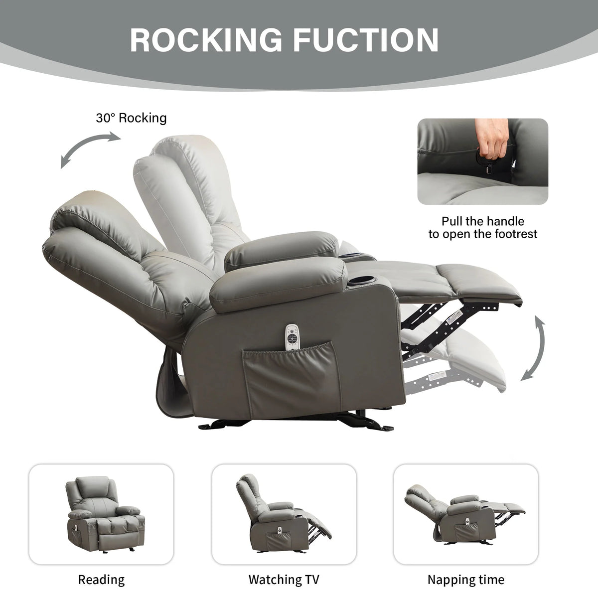 JONPONY Manual Recliner Chair with Heat Therapy and Massage Function, Heavy Duty Reclining Mechanism Massage Chair, Elderly Single Rocker Sofa with Cup Holders for Bedroom Home Theater,Black