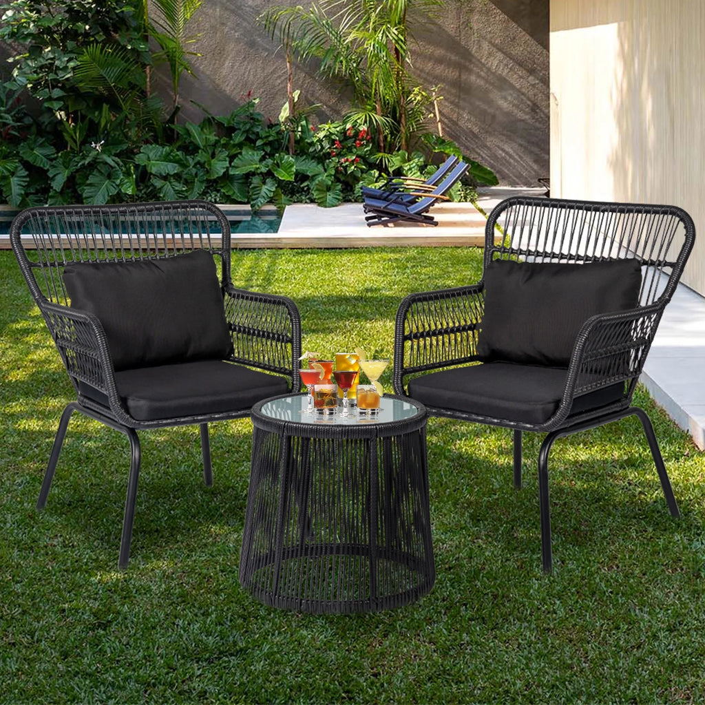 Tappio 3-Piece Patio Conversation Bistro Set Rattan Furniture, Outdoor Patio Set w/Glass Top Table & Cushions for Garden Balcony Backyard Poolside, Yellow/Beige