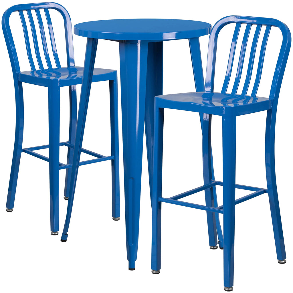 Flash Furniture Earl Commercial Grade 24" Round Silver Metal Indoor-Outdoor Bar Table Set with 2 Vertical Slat Back Stools