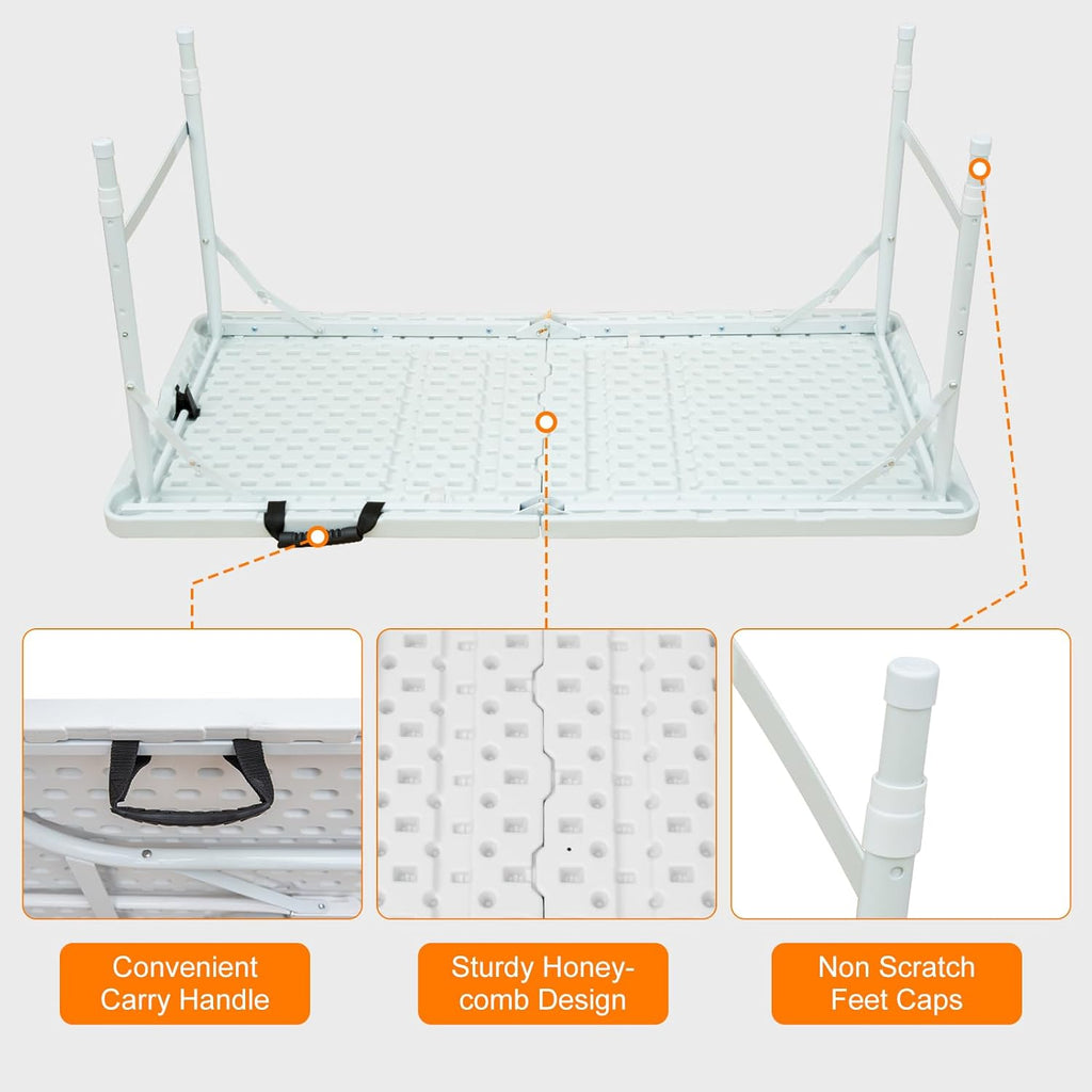 Folding Table with Carry Handle, Portable Fold-in-Half Plastic Table, Rectangle Foldable Table for Indoor