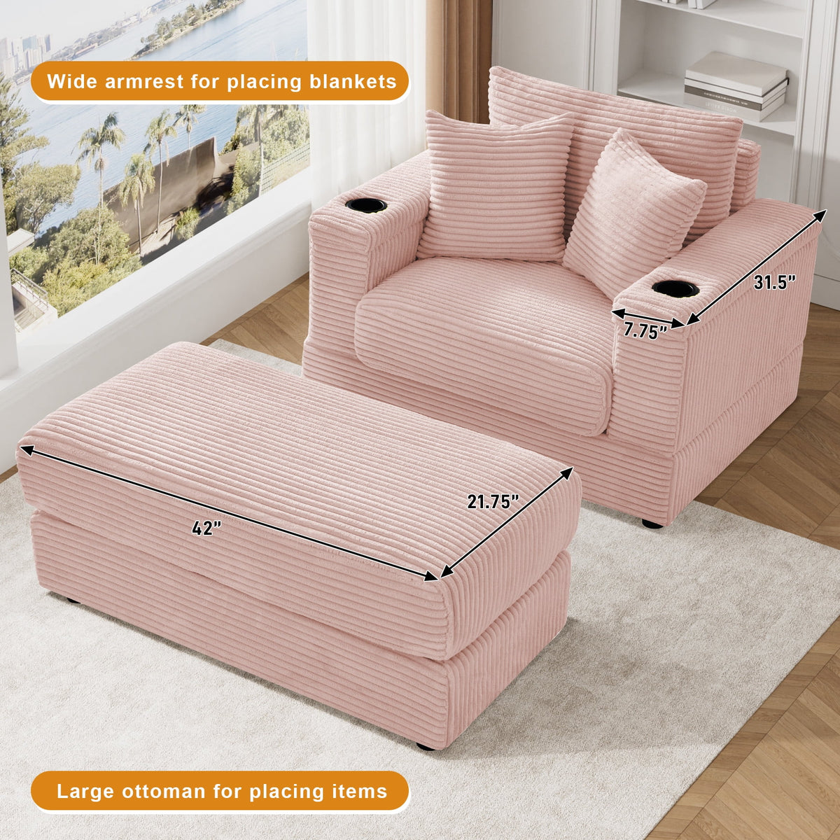 Wiilayok Oversized Lounge Chair Indoor,54" Corduroy Cloud Chaise Lounge Couch Indoor with Ottoman,Cup Holder for Living Room,Bedroom,Beige