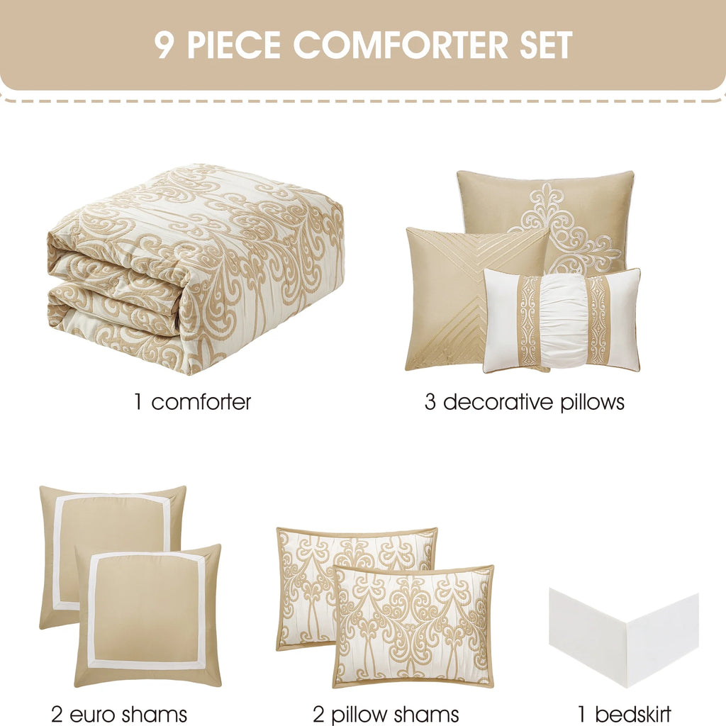 Lanco Smoke Grey Comforter Set California King Size, 9 Piece Jacquard Floral Bedding Set, All Season, Ultra-Soft, Matching Pillows & Shams, Bed Skirt
