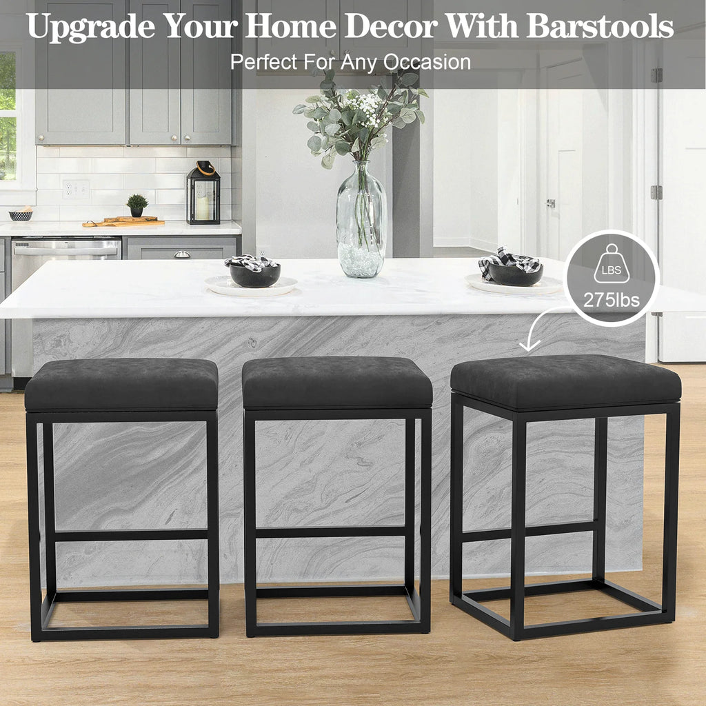Nathaniel Home 24 Inch Bar Stools Set of 2, Modern PU Leather Metal Barstool, Backless Kitchen Dining Cafe Stool, Upholstered Bar Stool with Footrest, Gray