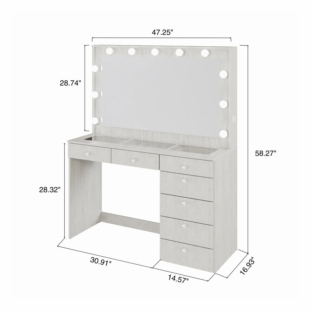 Ember Interiors Modern Large Greige Makeup Vanity Desk with Built-in Lights, Power Outlet with USB Type-C, Glass Top, 7 Drawers and Crystal Knobs