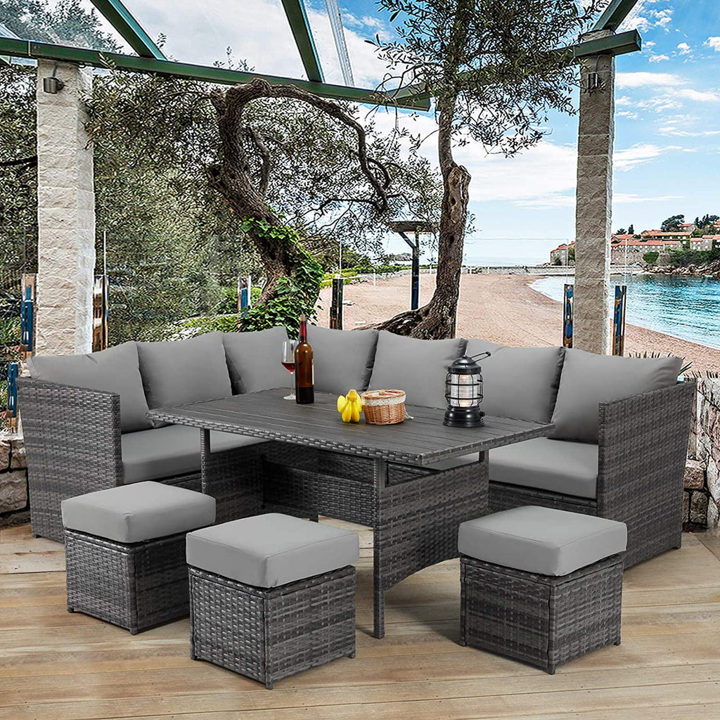 AECOJOY 7 Piece Patio Furniture Set PE Rattan Outdoor Dining Set Sectional Sofa Couch with Table Patio Conversation Set in Gray