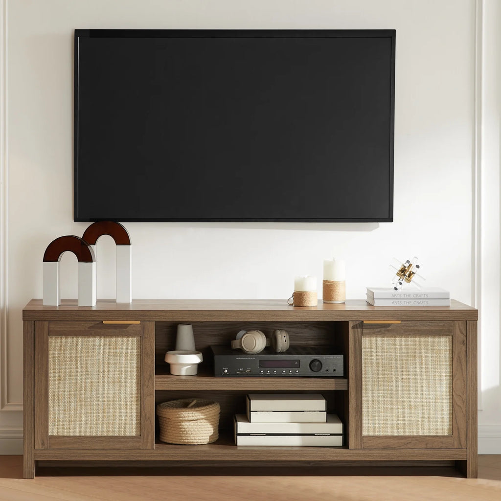 OAKHAM Rattan Tv Stands for 65 Inch Tv, Modern Farmhouse Entertainment Center, TV Console Table with Storage, Wood Media Console with Cabinet, Special Walnut