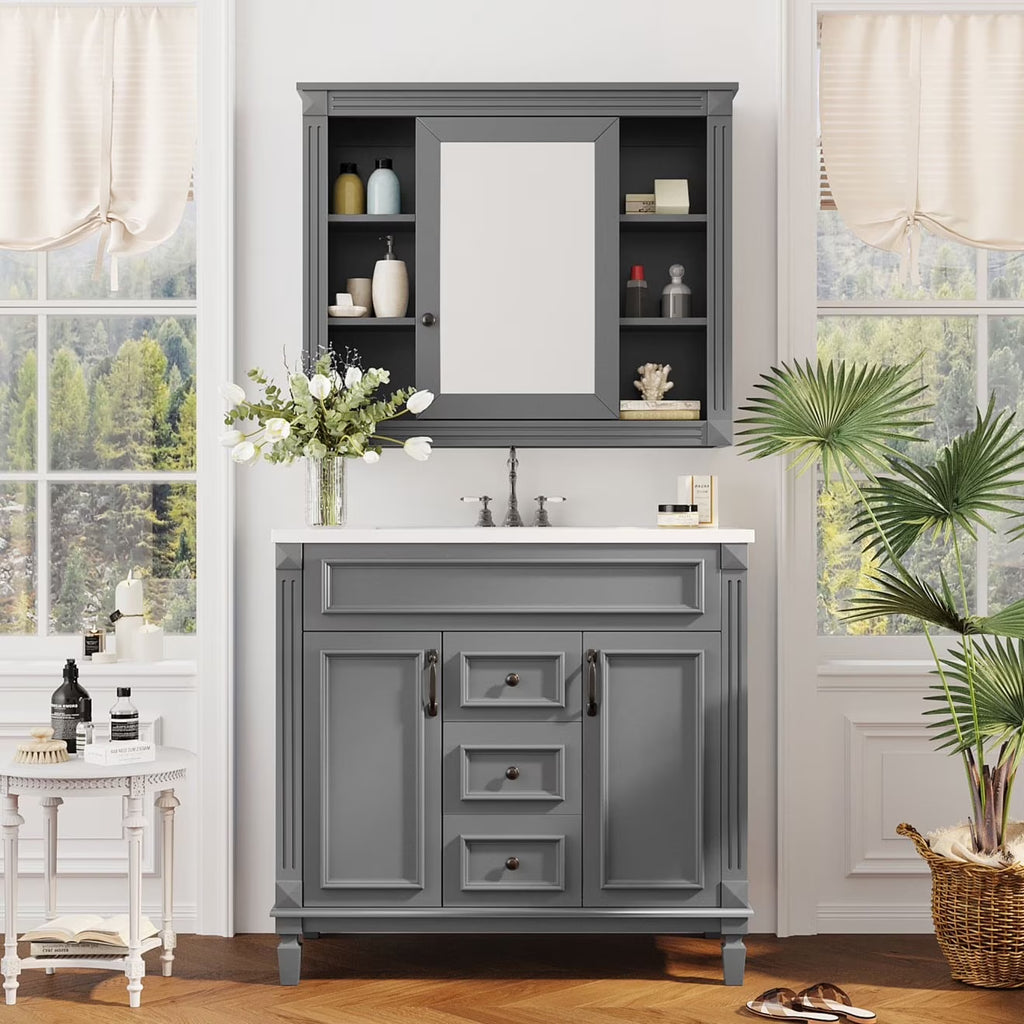 Modern Bathroom Cabinet Set with Top Sink,  Bathroom Vanity with Wall Mounted Bathroom Storage Cabinet, 2 Soft Closing Doors, 2 Drawers, Water-Resistant Paint, Grey