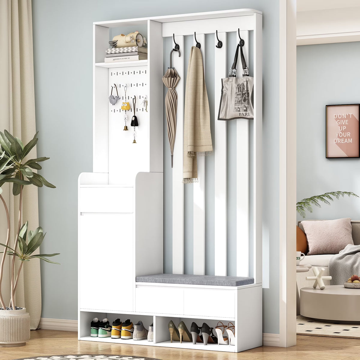 Harper & Bright Designs Farmhouse Hall Tree with Bench and Shoe Storage, Mudroom Bench with Coat Rack and Adjustable Shelves for Hallway, Living Room, White