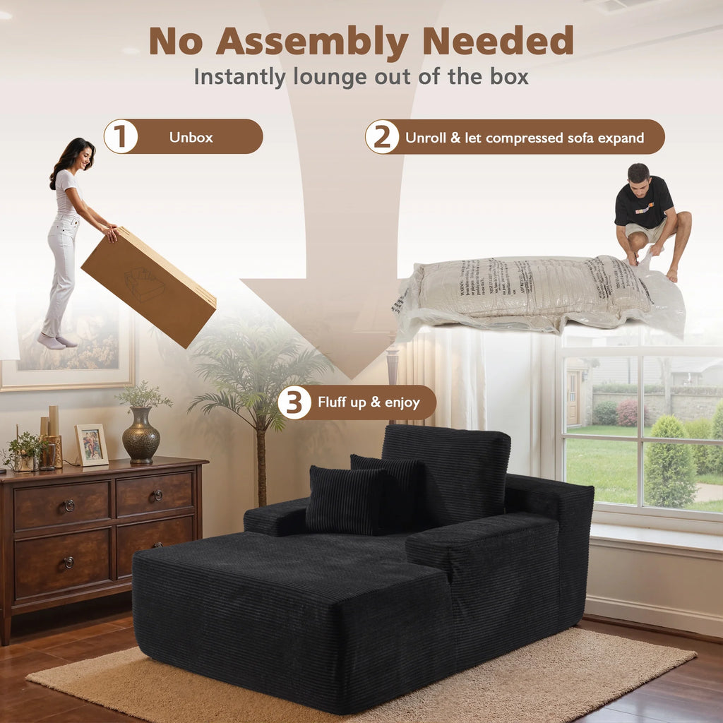 Ovios 67'' Oversized Chaise Lounge Chair Indoor Cloud Plush Corduroy Floor Sofa Bed Deep Seat No Assembly Couch for Living Room, Black