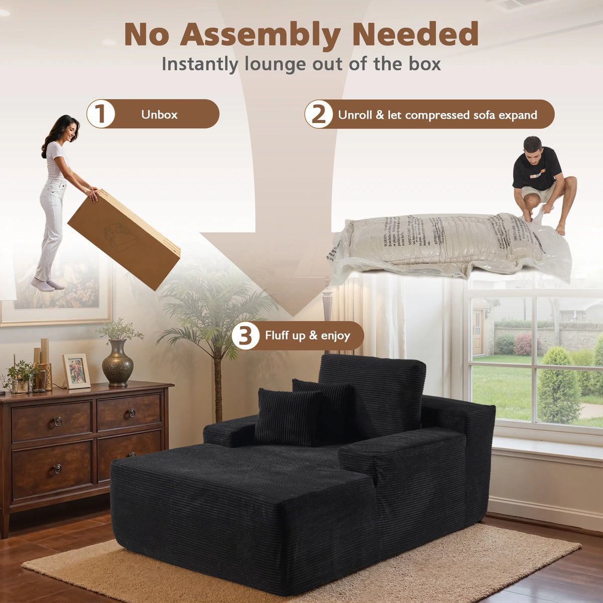 Ovios 67'' Oversized Chaise Lounge Chair Indoor Cloud Plush Corduroy Floor Sofa Bed Deep Seat No Assembly Couch for Living Room, Black