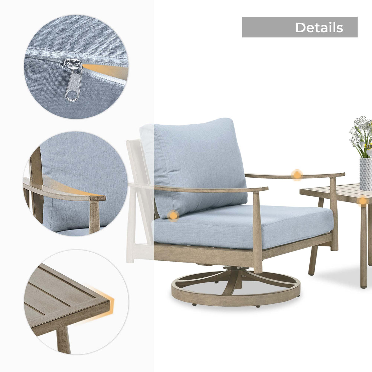 HAPPATIO Aluminum Outdoor Furniture Set - 5 Pieces Patio Furniture Set Includes 1 Side Table, 2 Swivel Chairs and 2 Ottomans with Thick Cushion, Patio Conversation Set for Backyard Poolside (Grey)