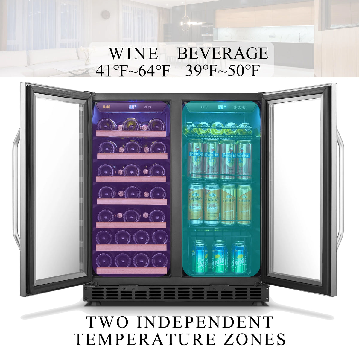 Lanbo 76 Can 31 Bottle Under Counter Dual Zone Wine Refrigerator and Beverage Cooler 30 inch Width