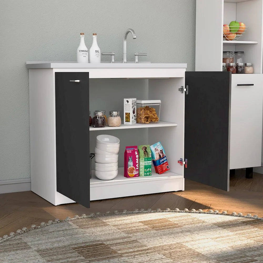 Napoles Utility Sink with Cabinet, Double Door, One Shelf White / Black