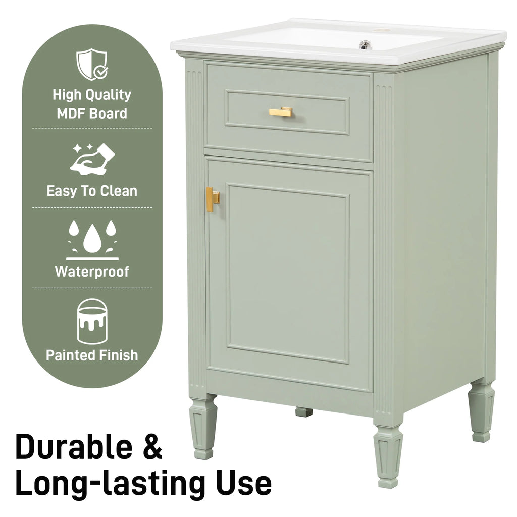 Euroco 20" Bathroom Vanity with Integrated Ceramic Sink, Soft-Close Hinges and Drawer Storage, Solid Wood Legs