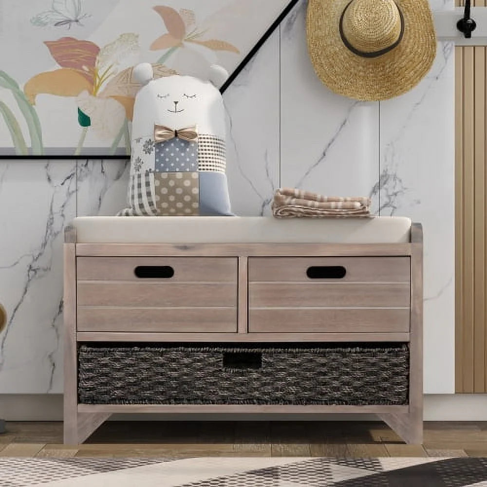 Solid Wood Storage Bench, Narrow Entryway Bench with 2 Drawers and Removable Basket, Classic Accent Shoe Bench with Storage and Removable Cushion for Hallway Living Room, Fully Assembled, Navy