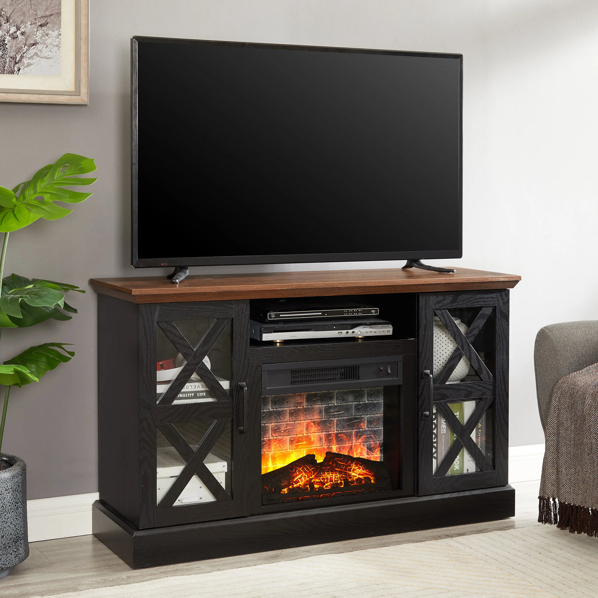Mainstays Farmhouse Fireplace TV Stand for TVs up to 55", off White/Walnut