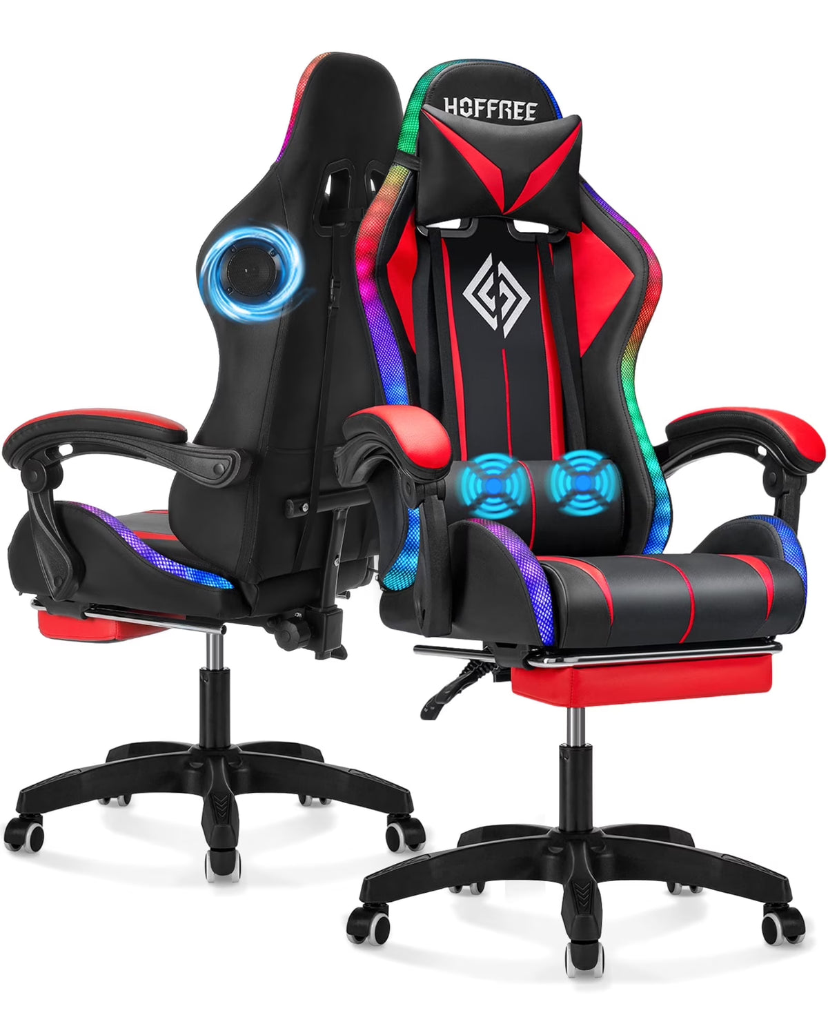 Hoffree Gaming Chair with Bluetooth Speakers and Footrest Massage Office Chair with LED Lights Ergonomic Game Chair High Back with Lumbar Support and Headrest Adjustable Swivel for Adults 300lb