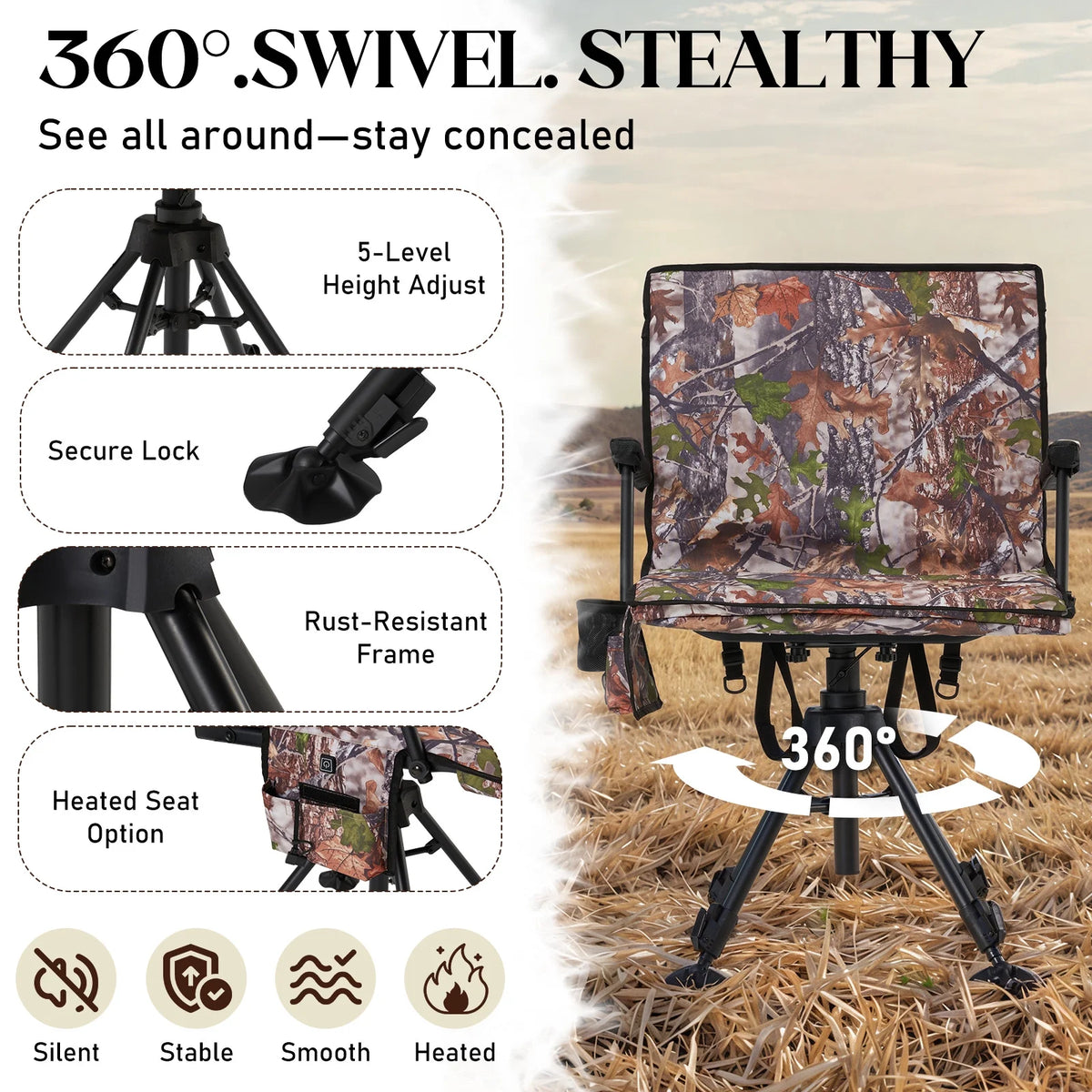 Danrelax 360�� Silent Camo Hunting Blind Chair, Armrests, Side Pouch, Telescopic Legs