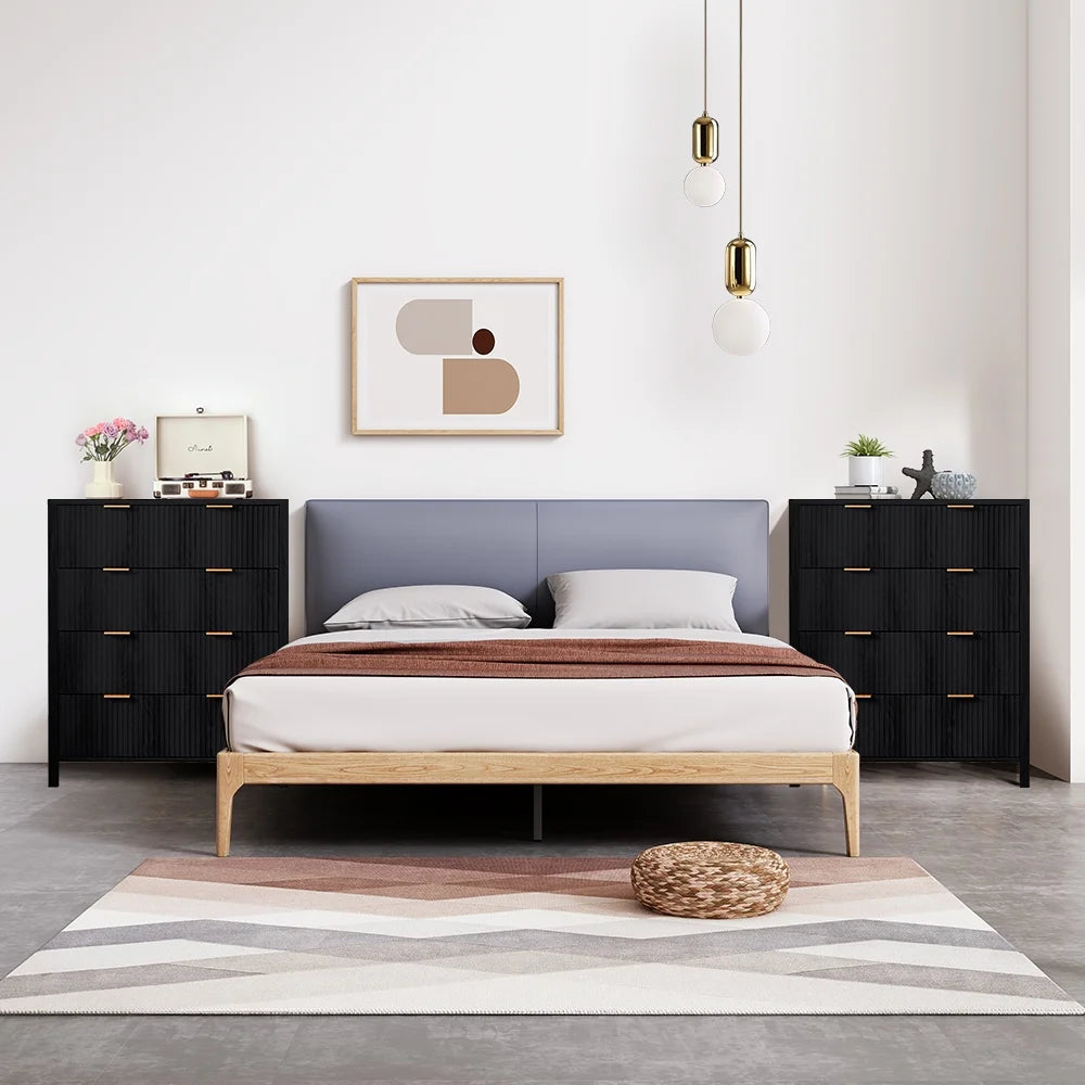 YOCWO Fluted Nightstand for Bedroom Set of 2 , Wood Bedside Table Set of 2 with Drawers, Black