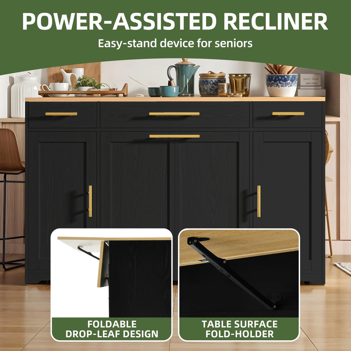 Uforic Kitchen Island with Drop Leaf & Wheels, Island Table with Trash Storage Cabinet, Black