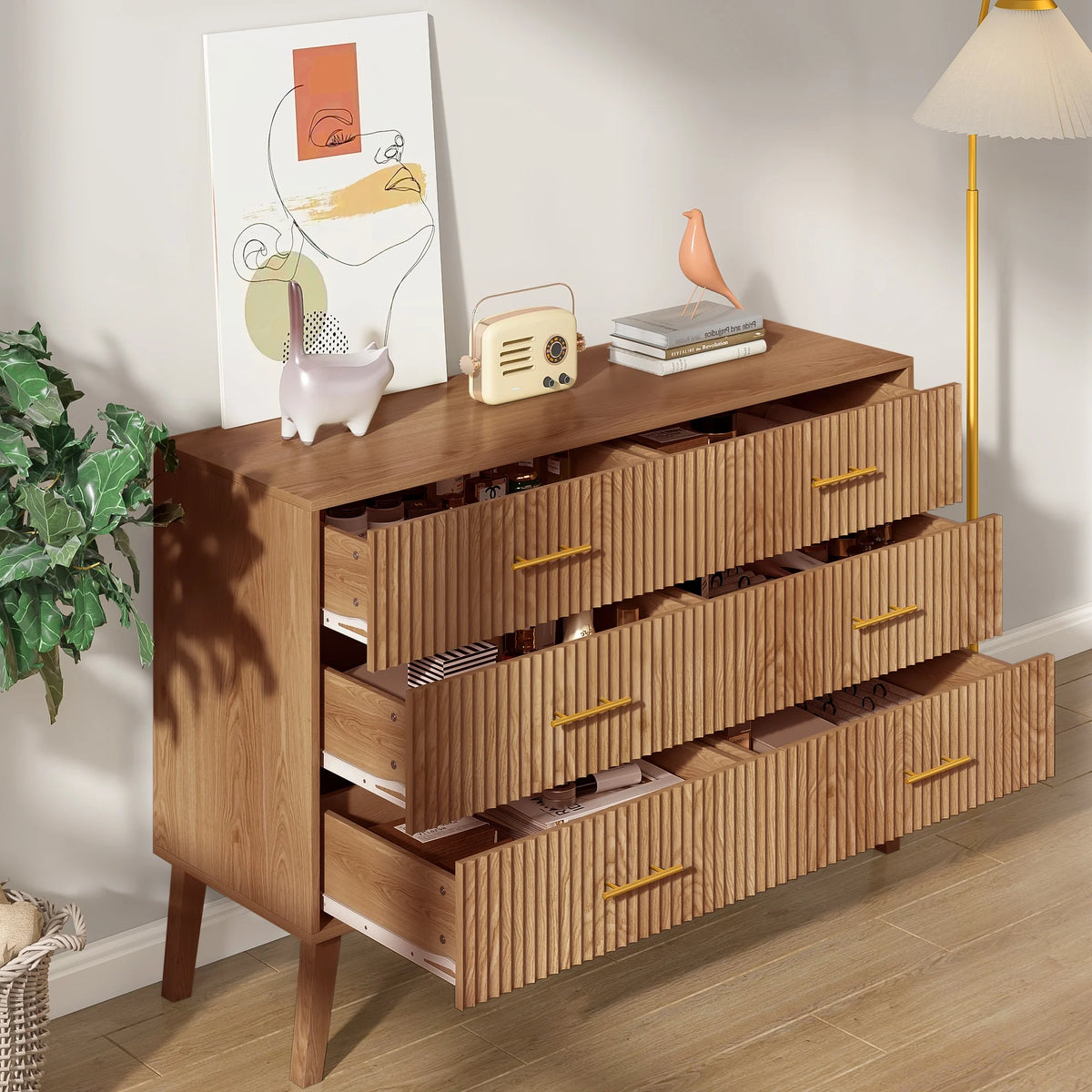 Fluted 6 Drawers Dresser, Wide Modern Chest of Drawers, 6 Drawer Double Dresser
