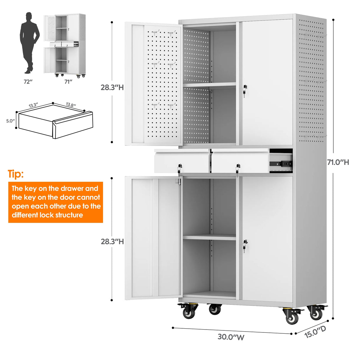 SUPEER 71" Metal Storage Cabinets with Wheels and Pegboards, Industrial Cabinet with 2 Drawers and 2 Adjustable Shelves,, Assembly Required
