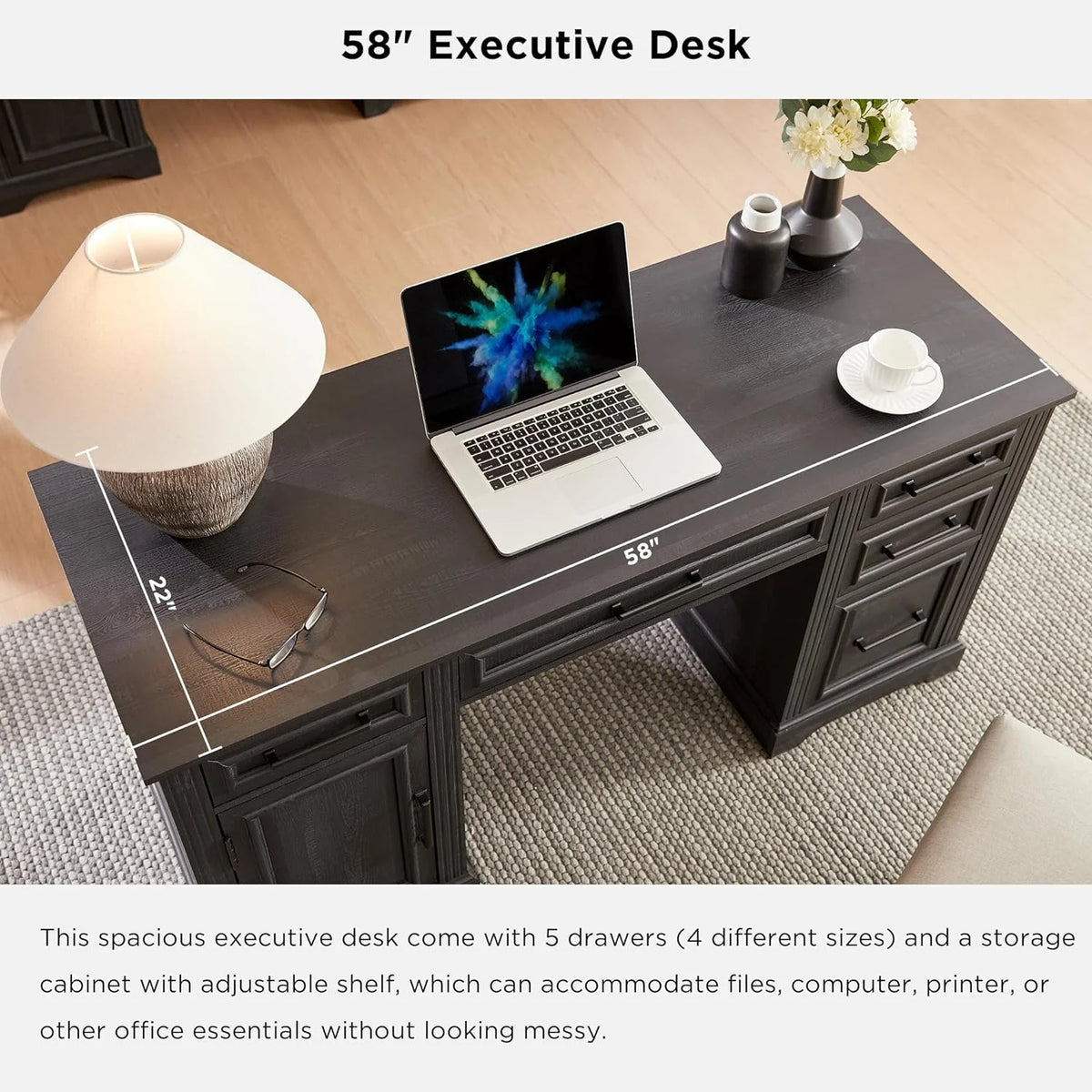 T4TREAM Farmhouse Wood 58" Executive Desk, Home Office 30" High Computer Desk with Drawers and Storage Cabinet, White