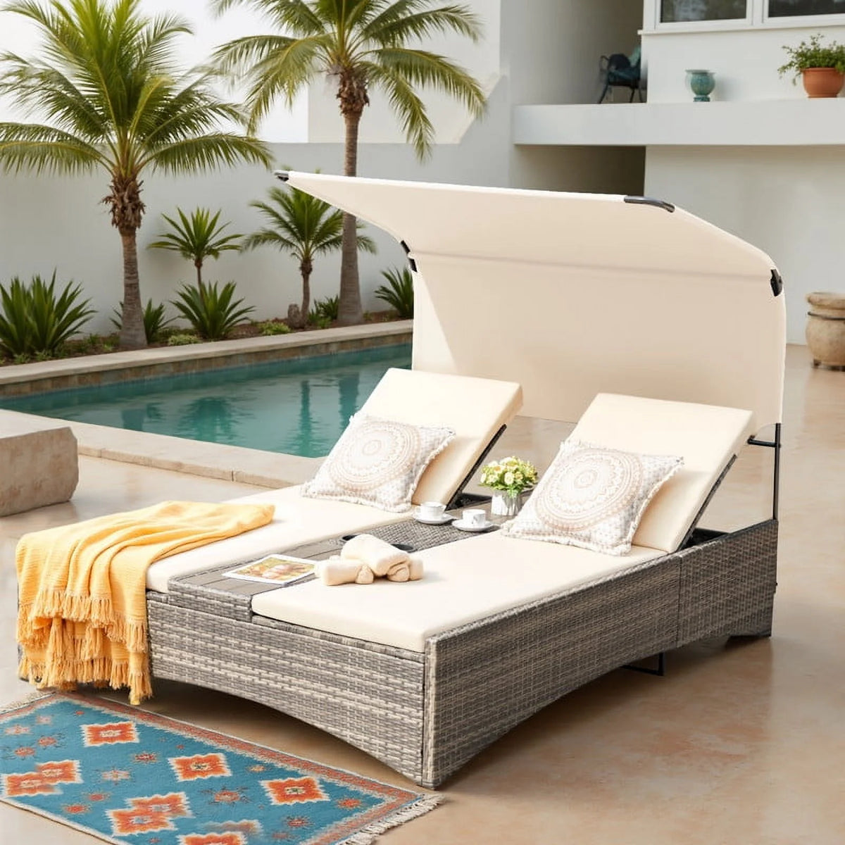 Devoko Rattan Double Lounge Chaise, Adjustable Backrest Daybed with Sunshade and Cup Holder for Deck, Poolside, Balcony,beige