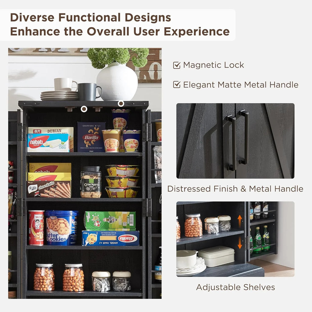 47" Kitchen Pantry, Farmhouse Storage Cabinet with Barn Doors, Organizer and Adjustable Shelves, Rustic Wood Cupboard for Kitchen, Dining Room, Bathroom and Hallway, Black