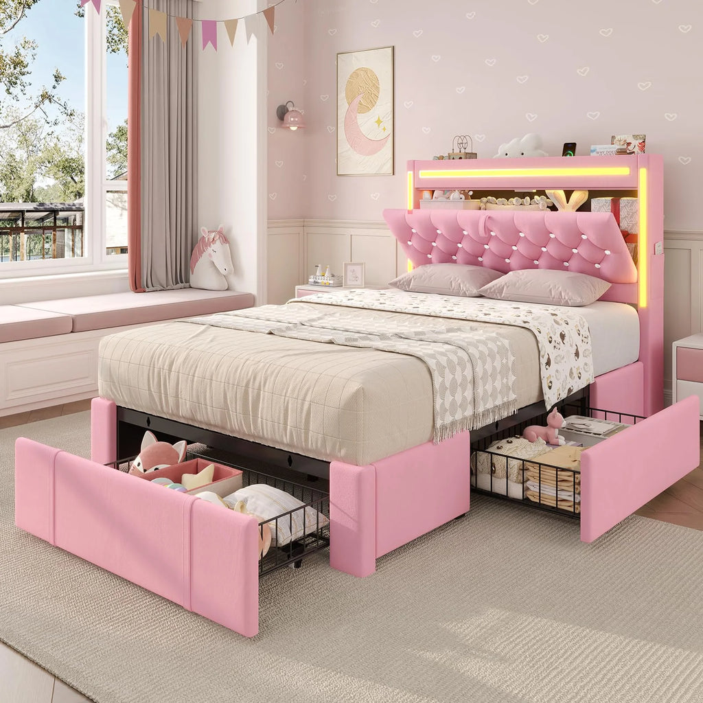 Platform Bed Twin Size with Storage Drawers and Headboard,, Twin Size Velvet Upholstered Bed with RGB Lighting and Power Outlet, No Box Spring Needed, Noise-Free, White