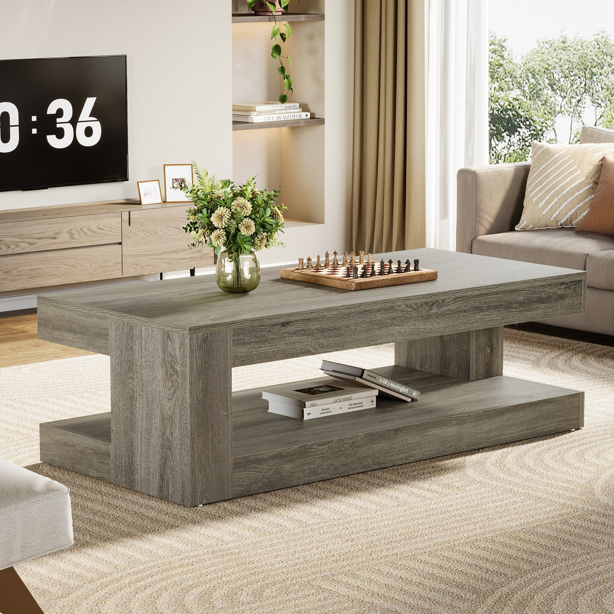 Tribesigns Coffee Table for Living Room, 47.24-Inch Farmhouse 2-Tier Accent Center Tea Cocktail Table with Storage, Elegant Grey, Rectangular