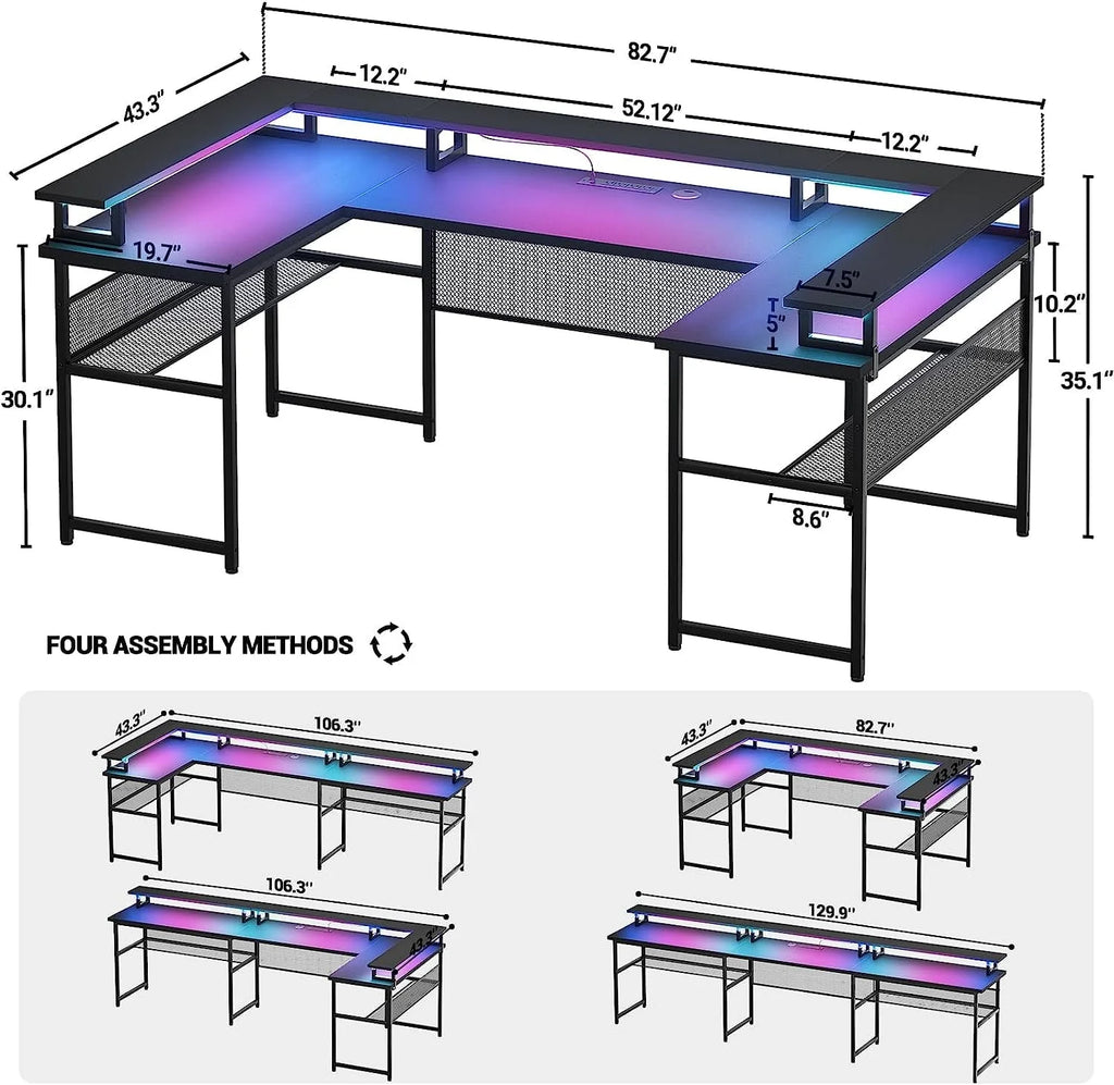 Homieasy U Shaped Desk with Power Outlet, 83 inch Reversible L-Shaped Gaming Desk with Monitor Stand and LED Strips, 2 Person Corner computer Desk with Storage Shelf for Home Office, Black