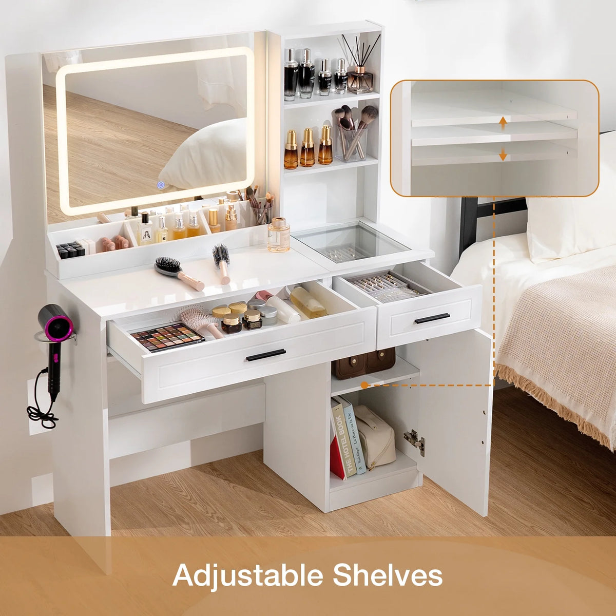 Hommpa Vanity, Makeup Vanity with LED Lighted Mirror Vanity Desk with Drawers Vanity Table with Charging Station for Girls Bedroom Storage Shelves, White