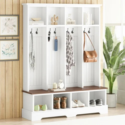 Farmhouse Hall Tree with Bench, 59" Wide Entryway Organizer with 8 Hooks & Storage Compartments, Modern Coat Rack & Shoe Bench for Mudroom,White