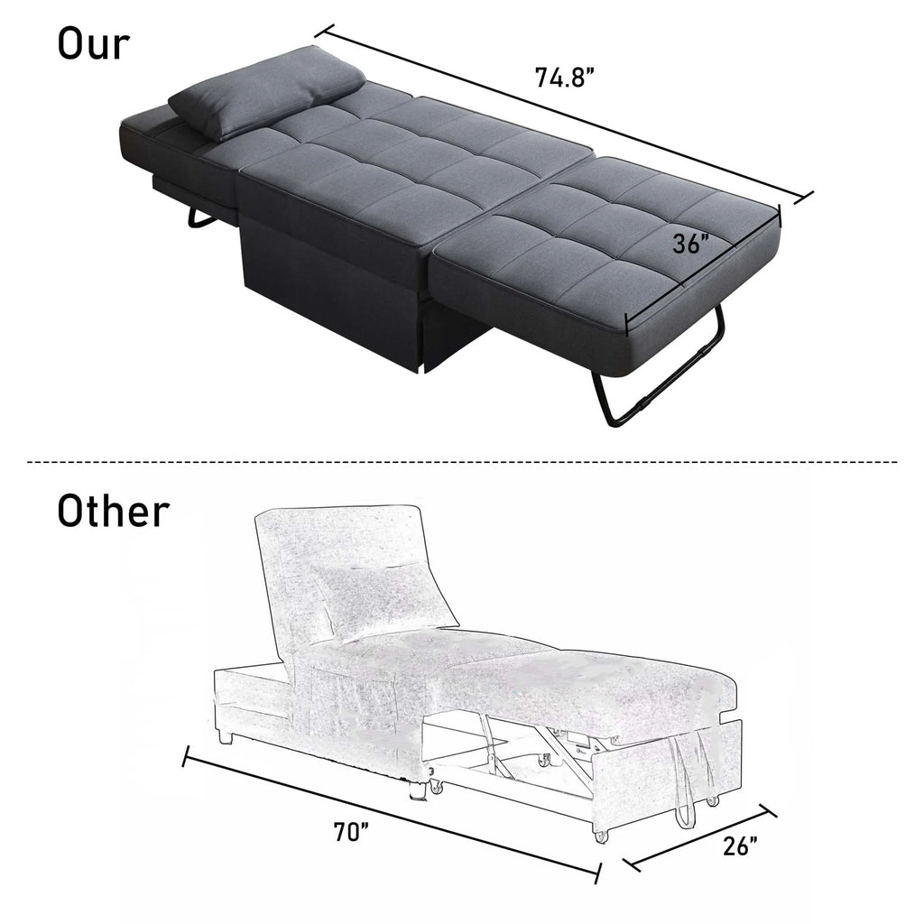 Aukfa 36" Wide Folding Chaise Futon Convertible Sofa Bed, Ottoman, Adjustable Backrest, Linen, Gray
