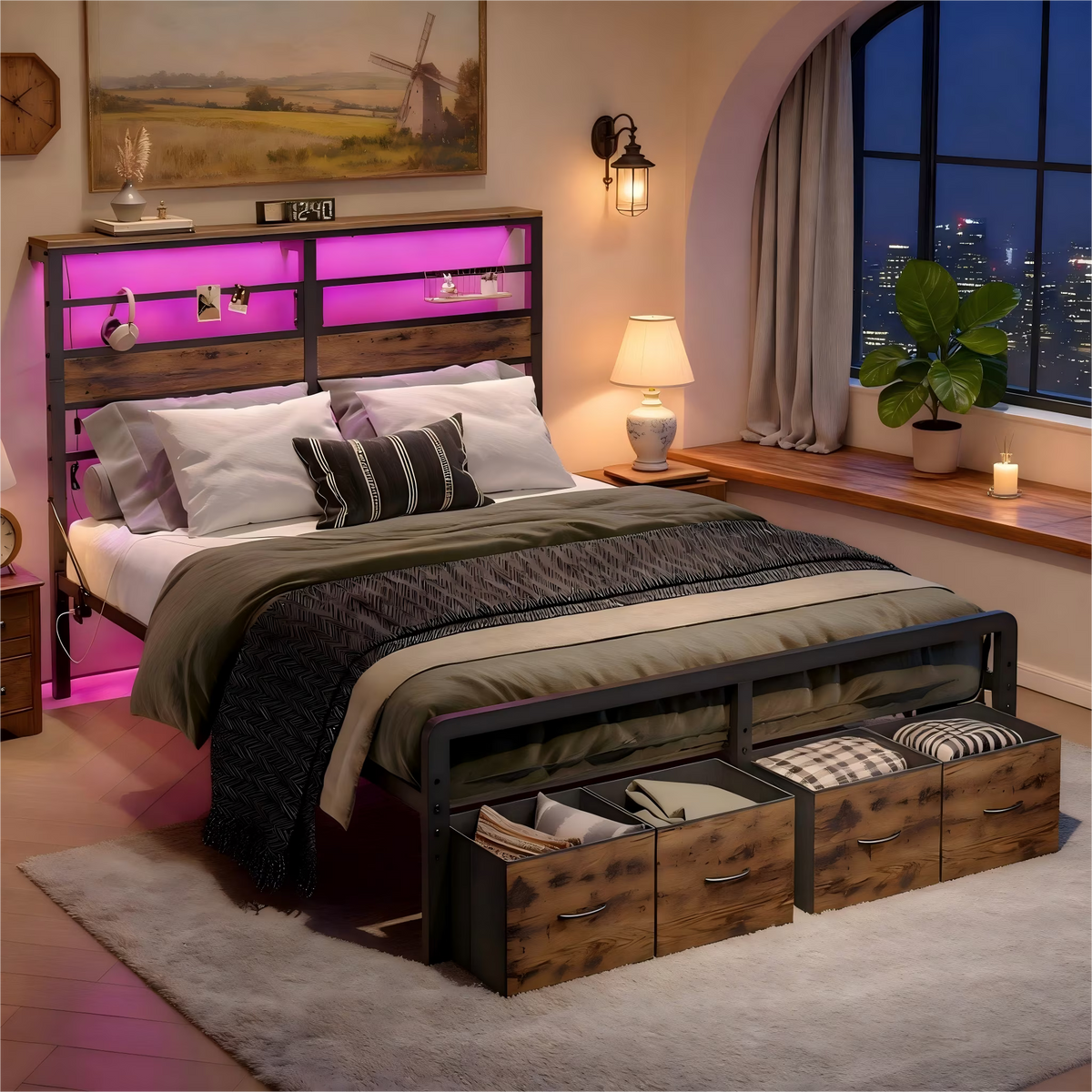 Pinmoco LED Queen Bed Frame with 49.2" High Storage Headboard and 4 Drawers, Adjustable Base Height Metal Platform Bed with Charging Station, Rustic