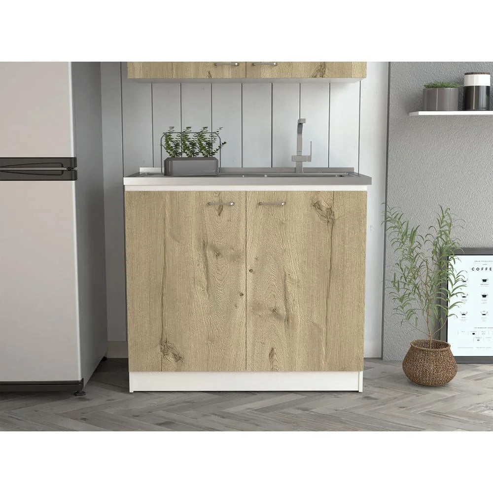 Depot E-Shop Salento Freestanding Sink With Double Door Cabinet, 2 Shelves, White/Light Oak