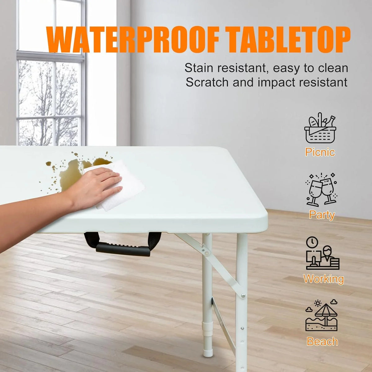 Folding Table with Carry Handle, Portable Fold-in-Half Plastic Table, Rectangle Foldable Table for Indoor